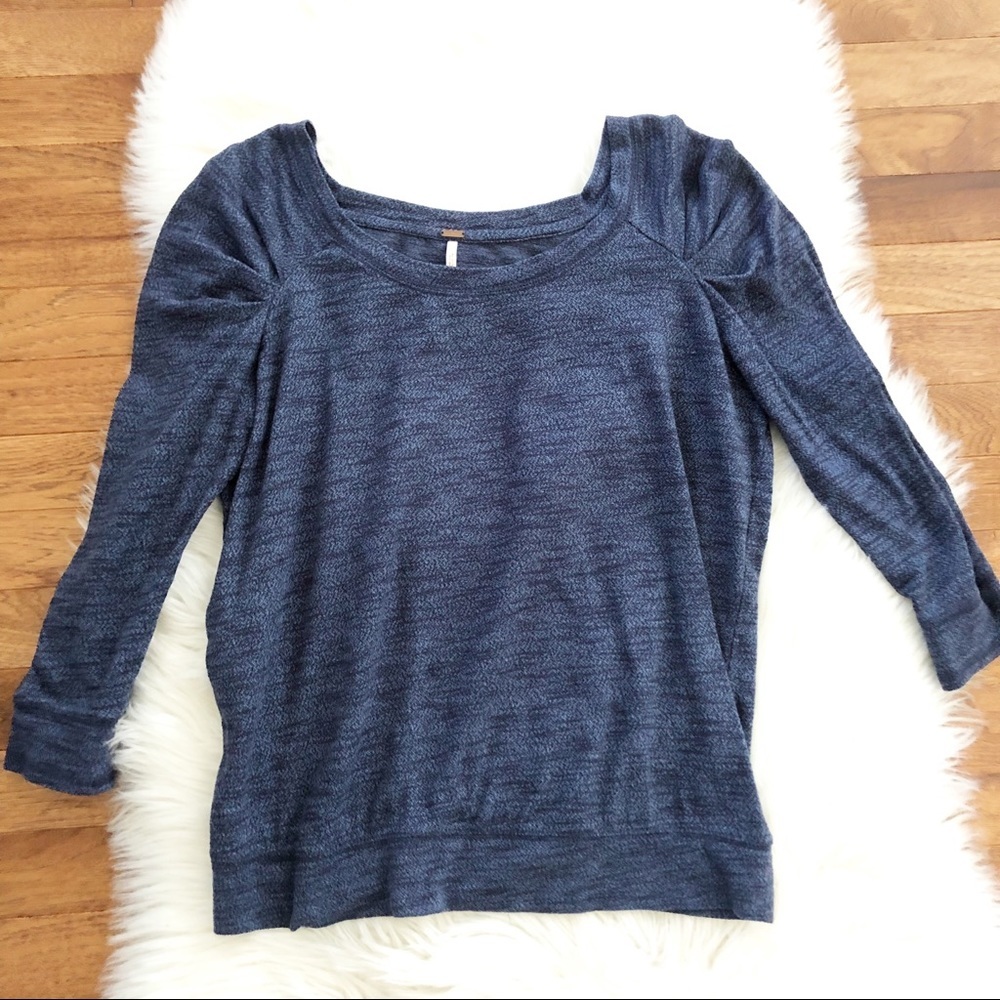 Free People Navy Blue Long Sleeve Puff Shoulder Top
